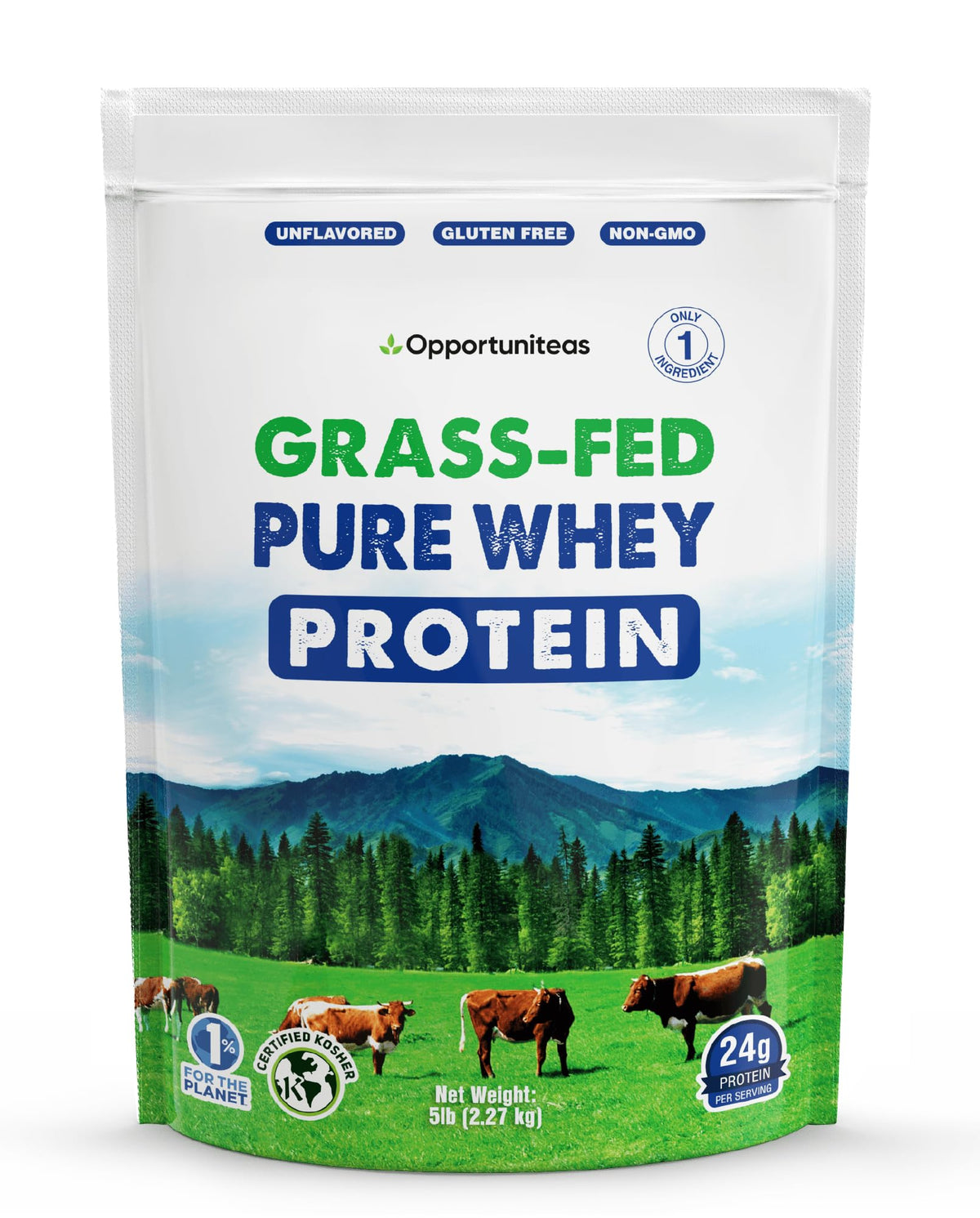 Opportuniteas grass-fed whey bottle pour showing pure protein for shakes