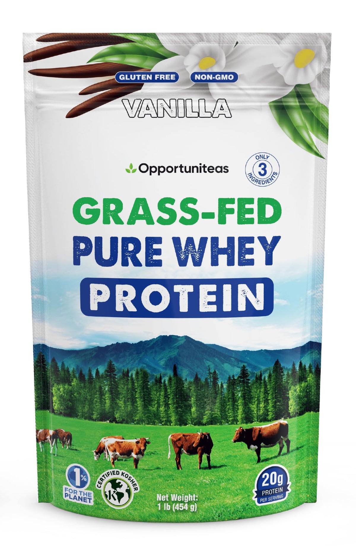 Opportuniteas grass-fed whey vanilla powder for smoothies delivering 20g protein per serving