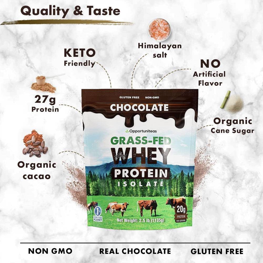 Opportuniteas organic cacao-whey blend showcasing chocolate flavor.
