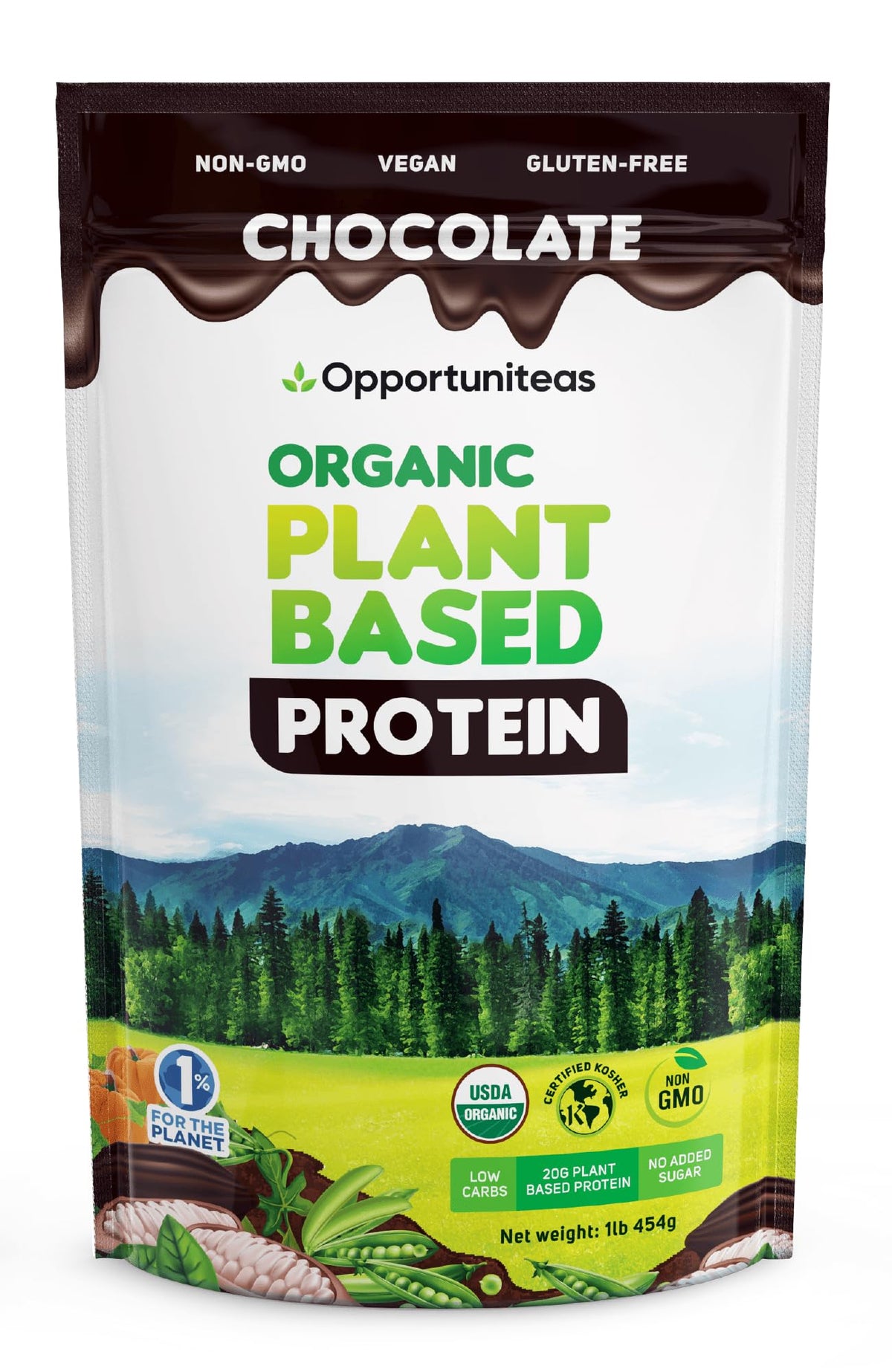 Opportuniteas organic plant-based protein powder canister with creamy chocolate flavor for shakes.