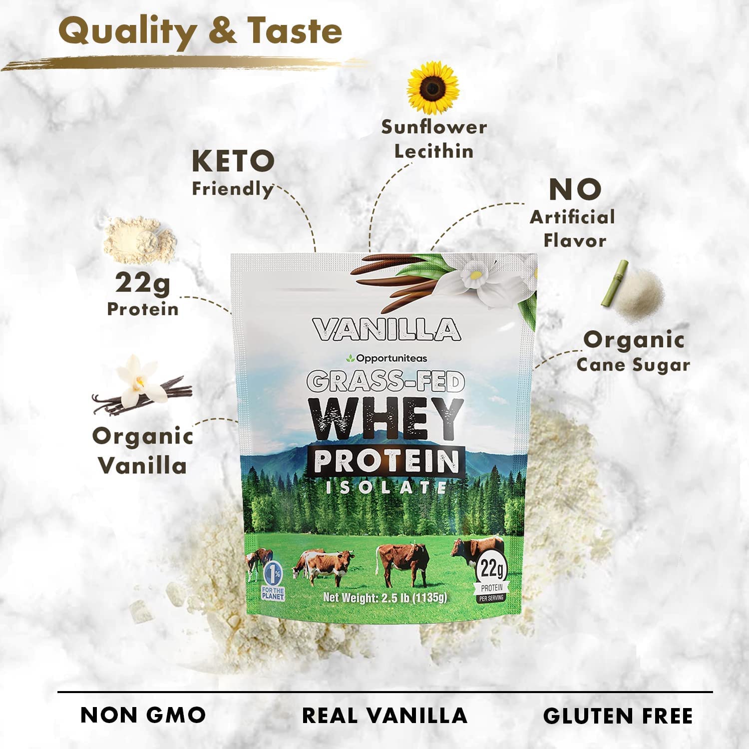 Opportuniteas organic sugar and vanilla in a whey protein mix.