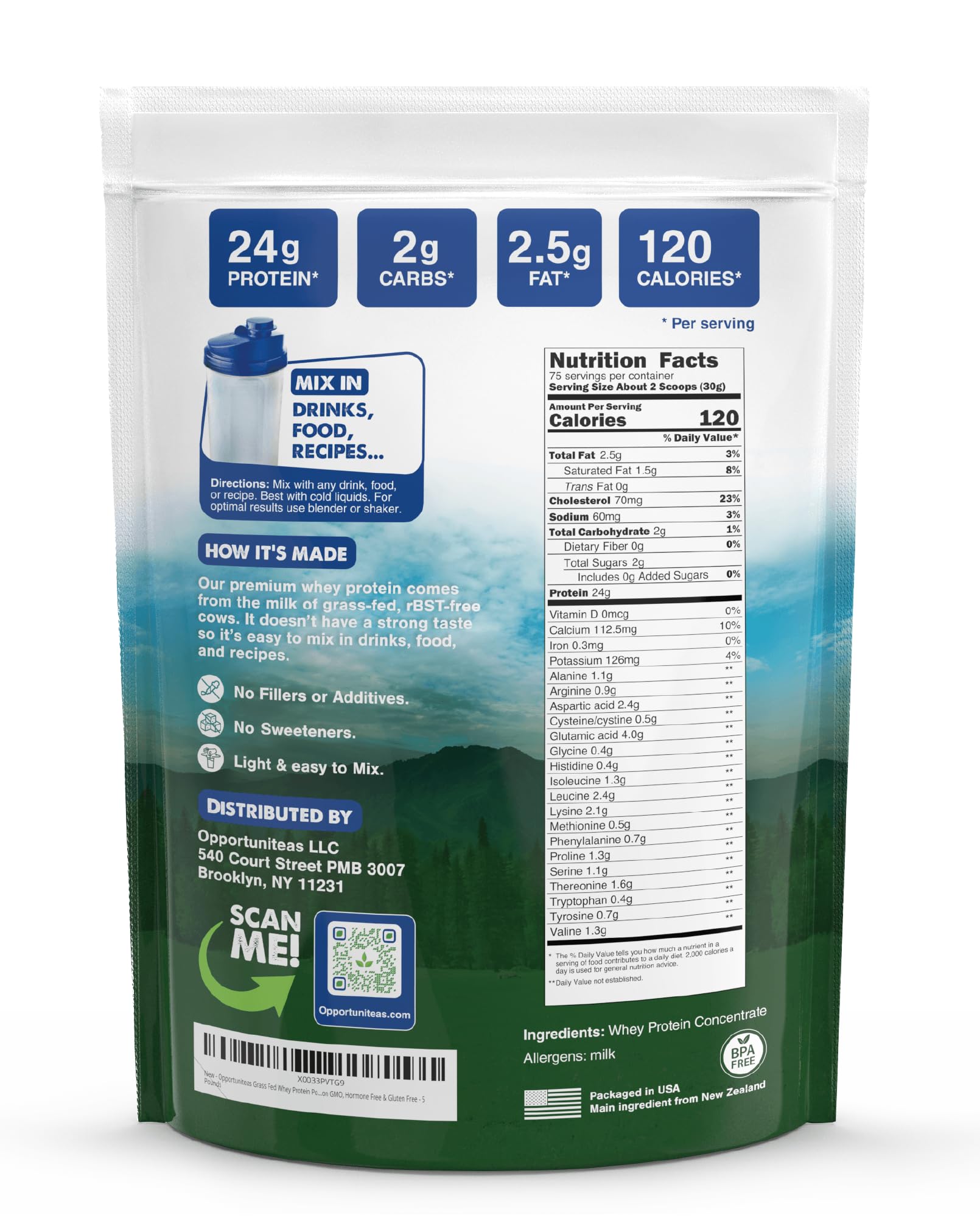 Opportuniteas whey powder measuring scoop highlighting clean, single-ingredient profile