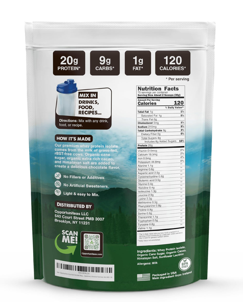 Opportuniteas whey protein scoop resting on creamy powder for easy mixing.