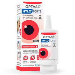 Optase HYLO Forte bottle closeup—preservative-free eye drops for dry eye relief