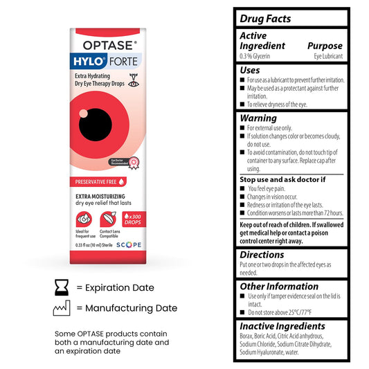 Optase HYLO Forte preservative-free label highlighting purity for sensitive eyes