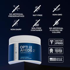 Close-up of Opti Life MD AREDS2 bottle label highlighting lutein and zeaxanthin.