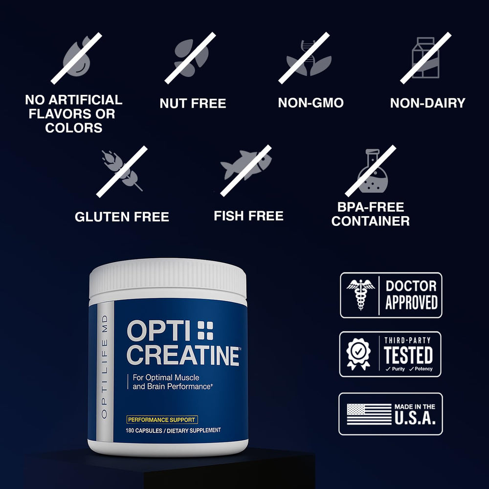 Opti + Life MD Creatine capsules with water for convenient daily use.
