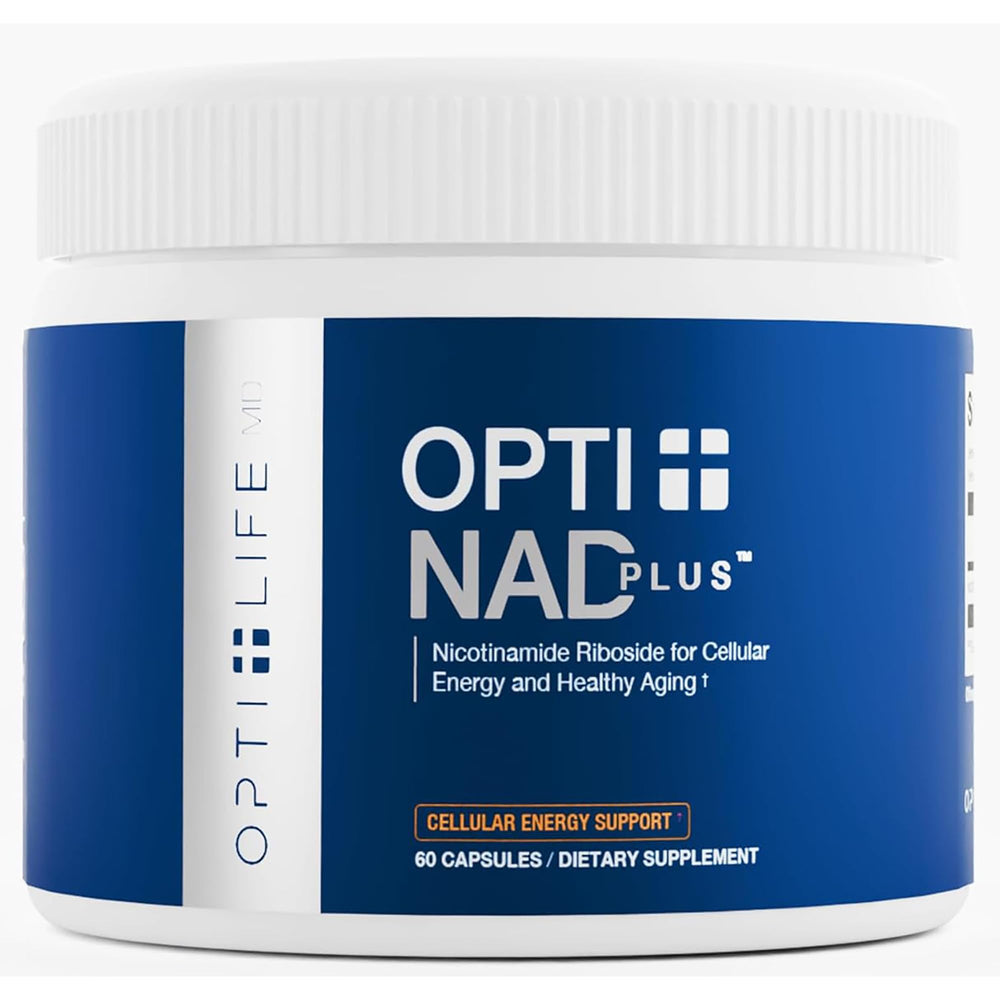 Opti-Life MD NAD Plus capsules bottle supports daily energy and wellness.