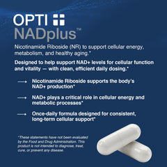 Opti-Life MD NAD Plus label closeup emphasizes NR chloride as a key ingredient.