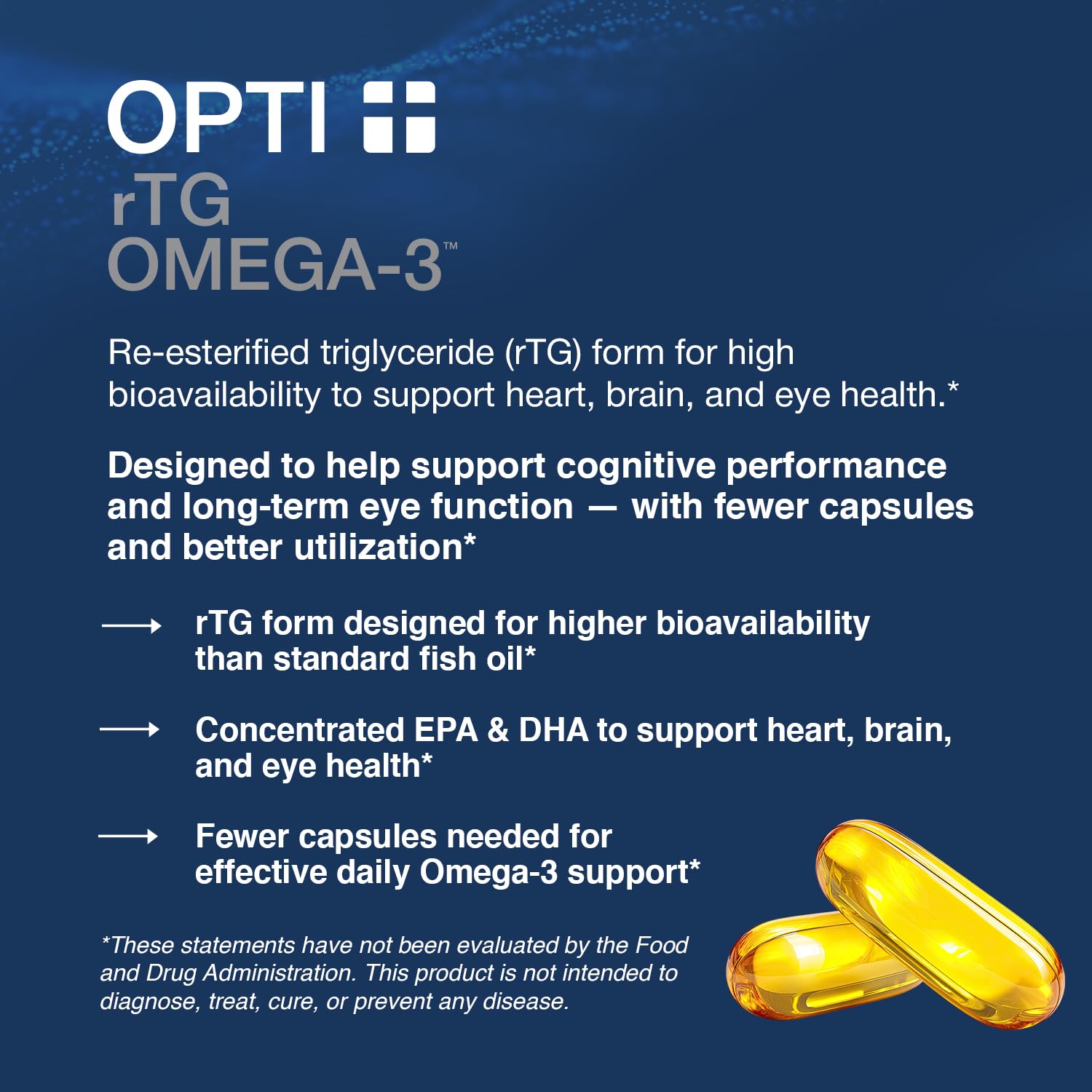 Close-up of Opti + Life MD Omega-3 softgels designed for easy absorption