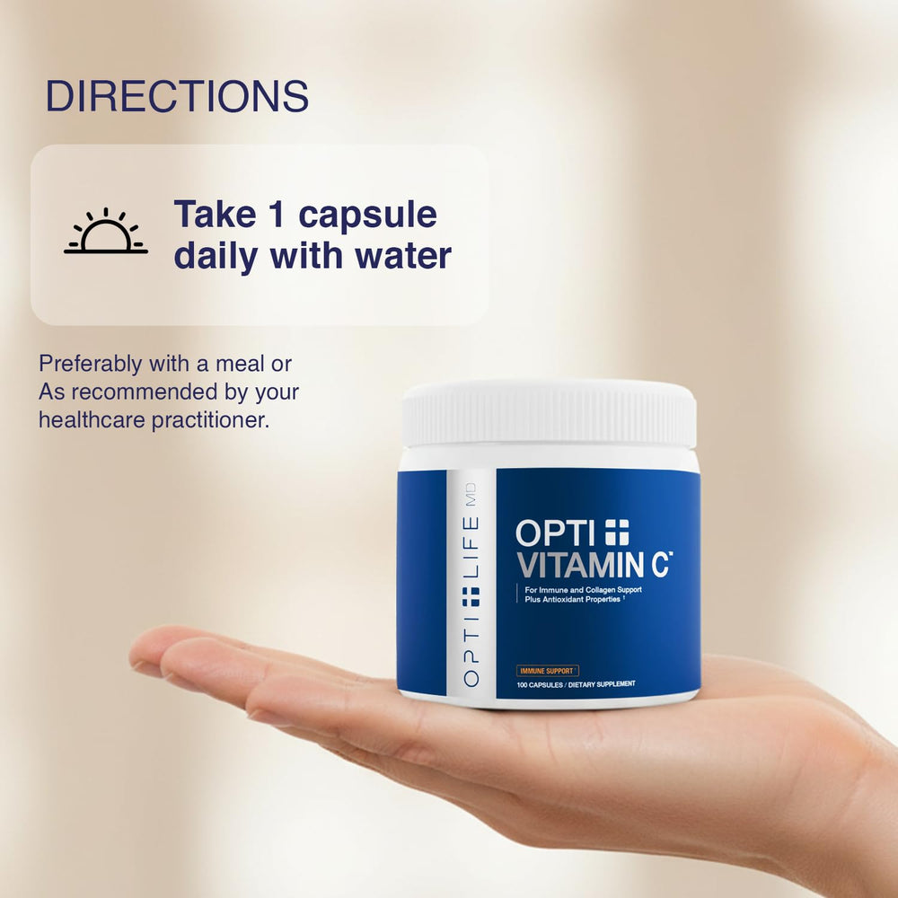 Opti + Life MD time-release capsules on tray, steady daily antioxidant support.