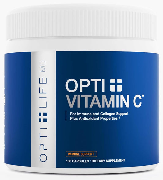 Opti + Life MD Vitamin C 1000mg capsules in a bottle for daily immune support.