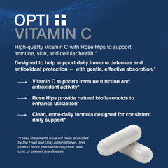 Opti + Life MD Vitamin C label closeup highlights gentle, buffered formula.