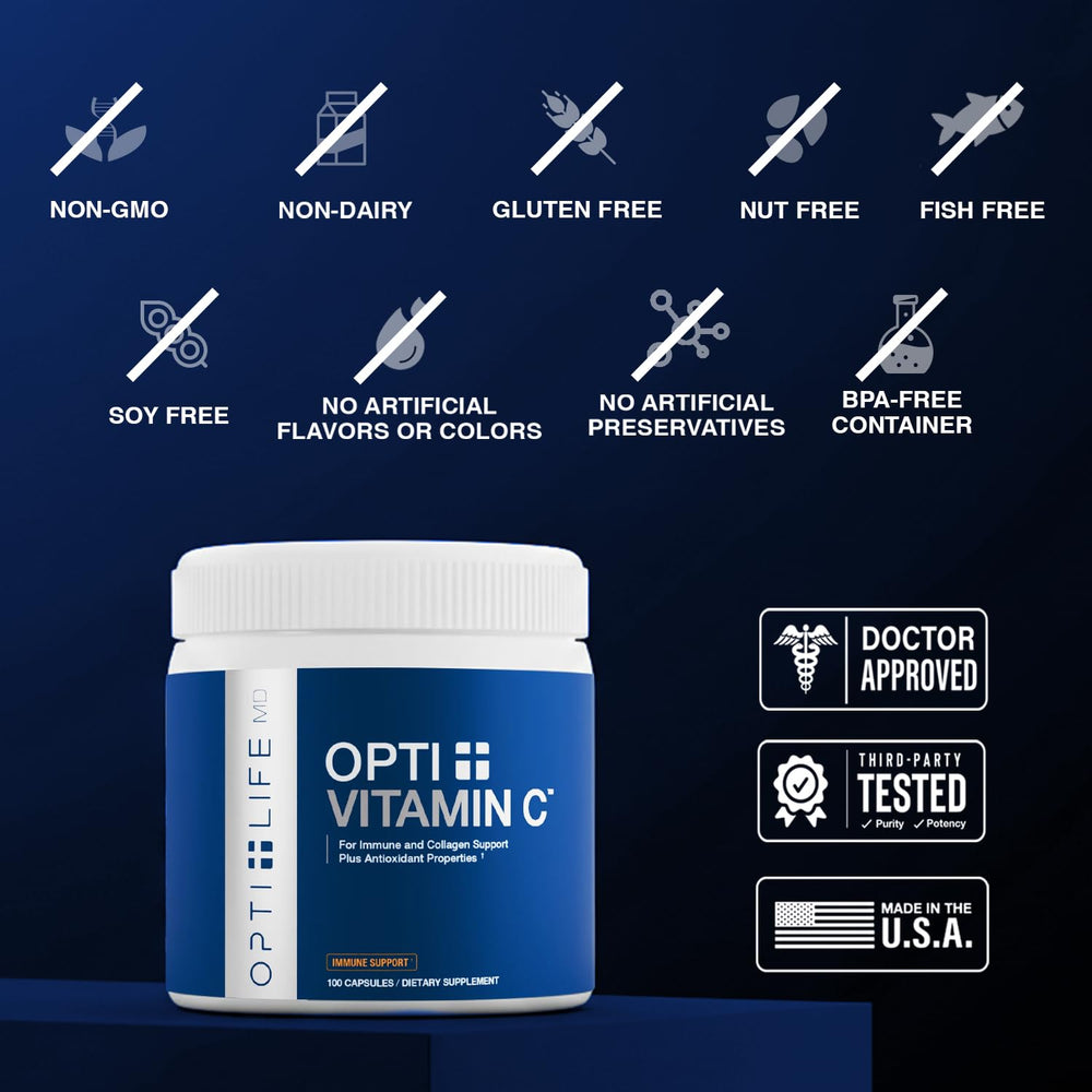 Opti + Life MD Vitamin C pouring capsules into hand, convenient daily use.