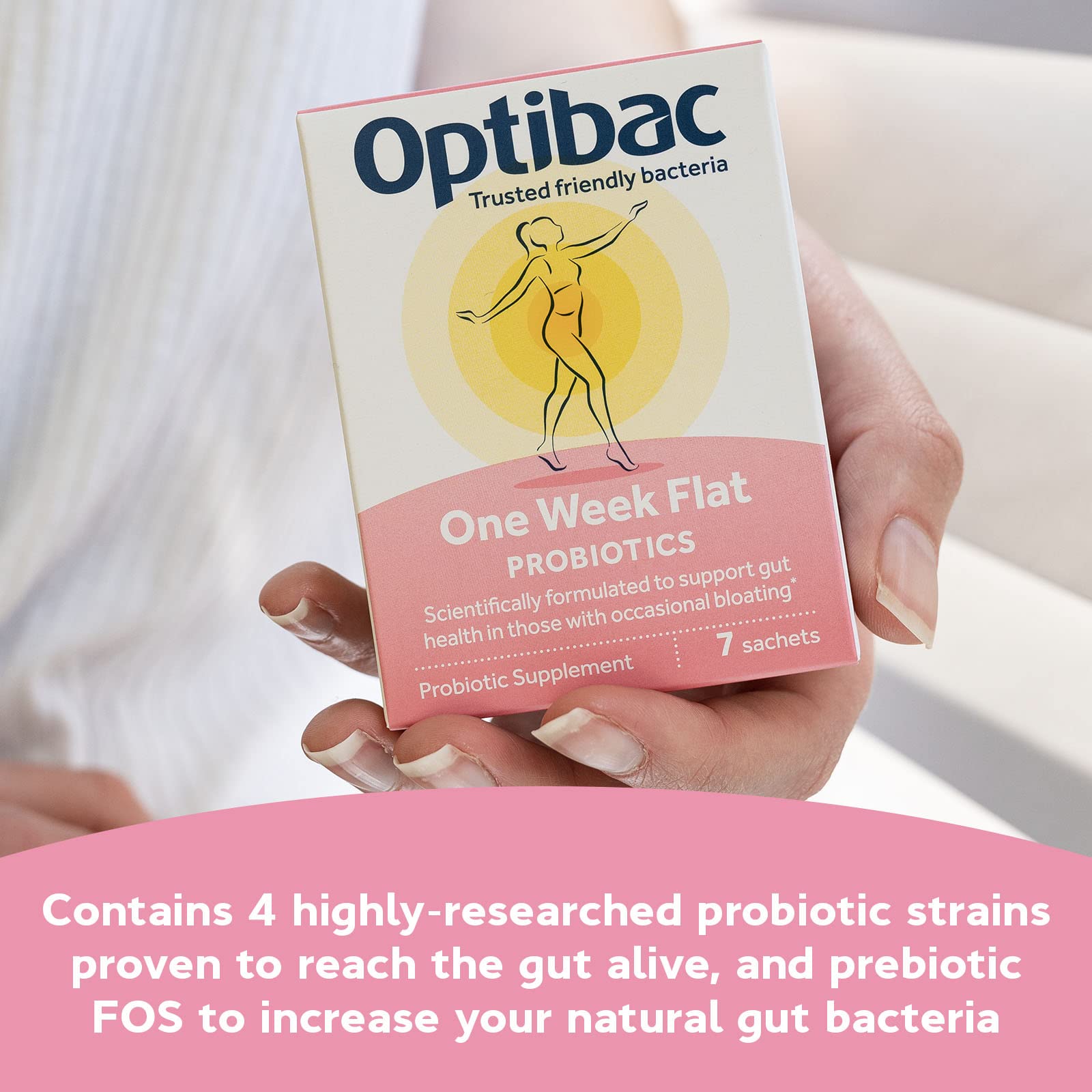 Optibac One Week Flat sachet being poured into water for easy daily intake.