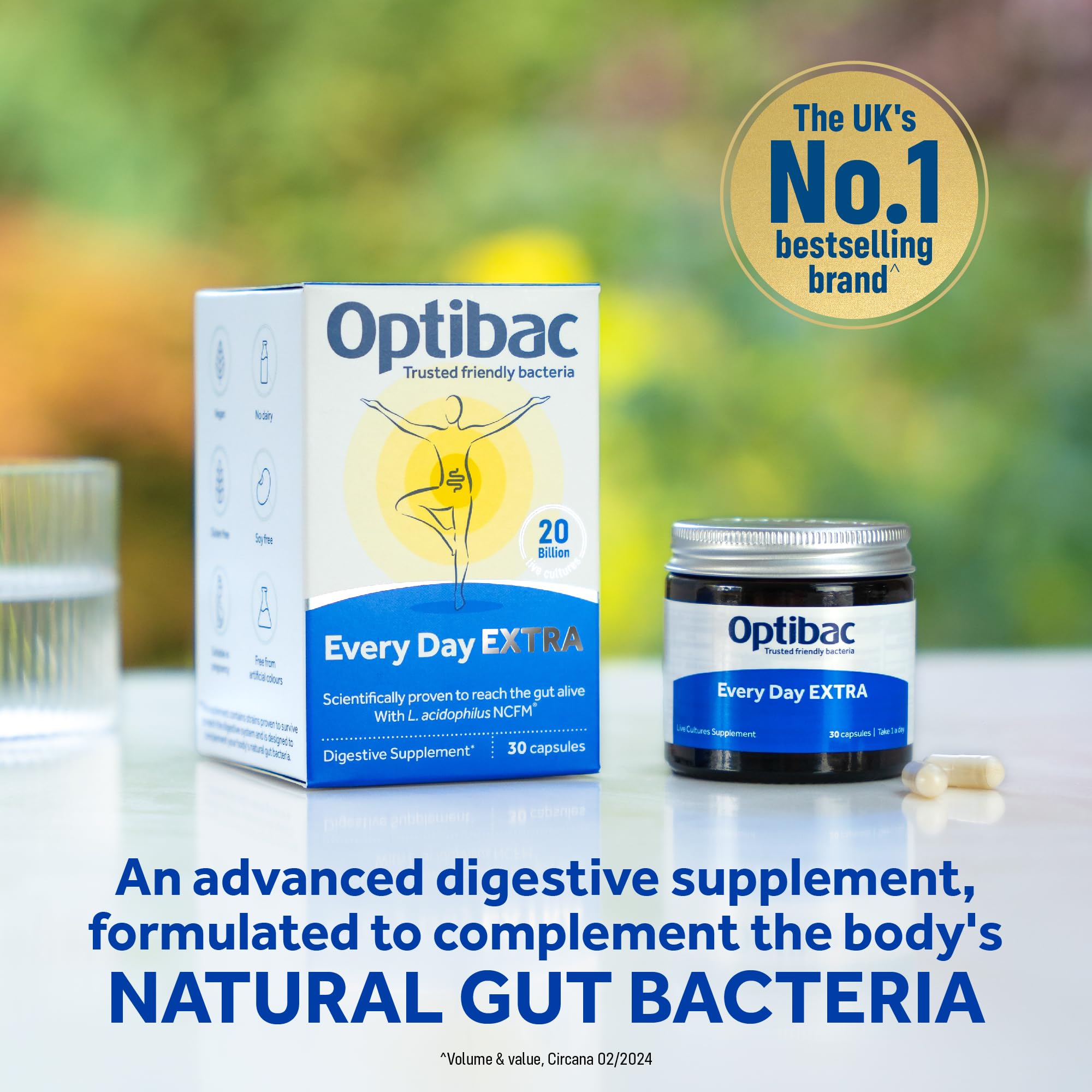 OptiBac For Every Day EXTRA capsules closeup highlighting 20 billion CFU per serving.