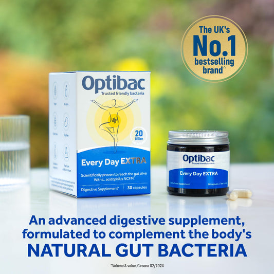OptiBac For Every Day EXTRA capsules closeup highlighting 20 billion CFU per serving.