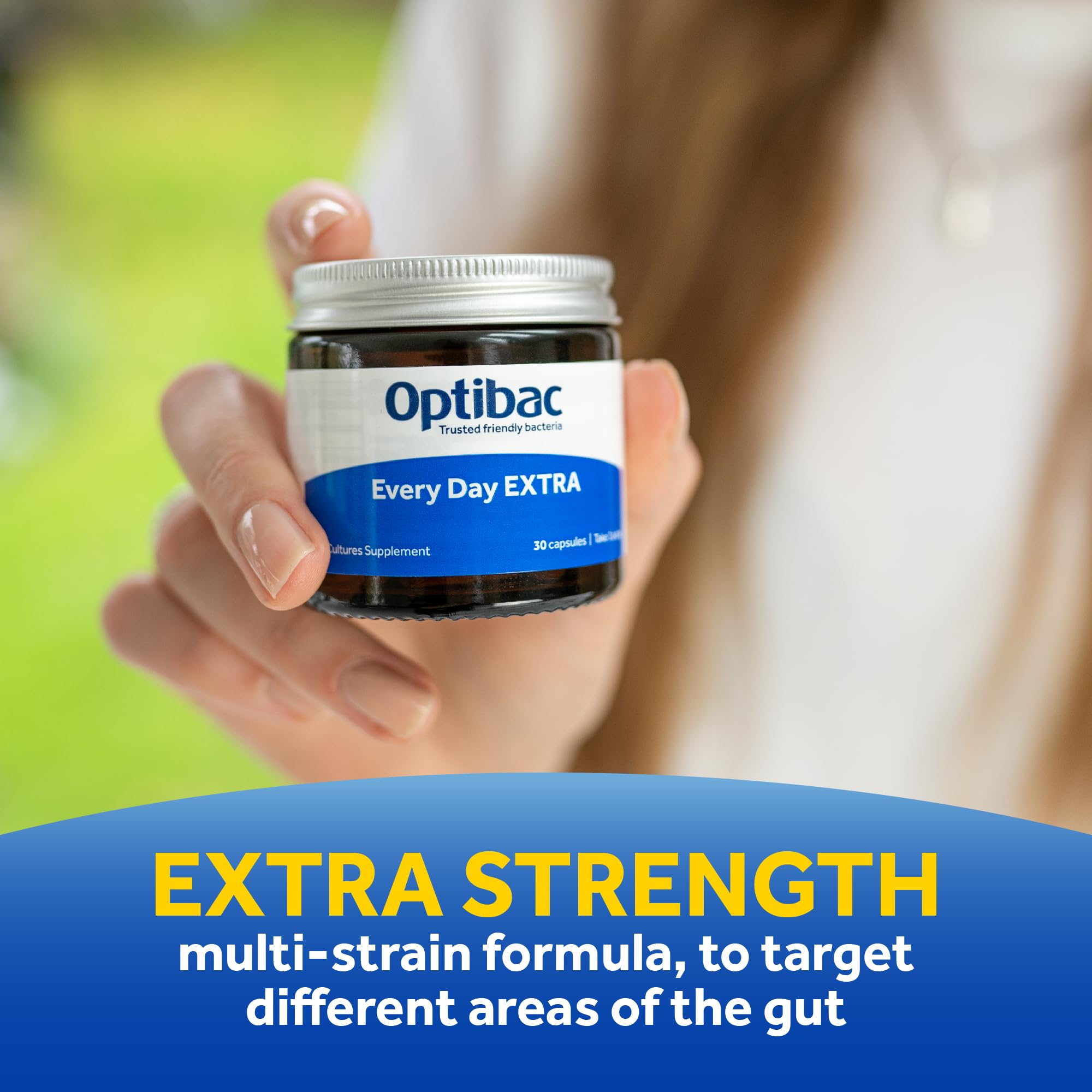 OptiBac For Every Day EXTRA label information reveals vegan, gluten-free probiotic science.