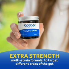 OptiBac For Every Day EXTRA label information reveals vegan, gluten-free probiotic science.