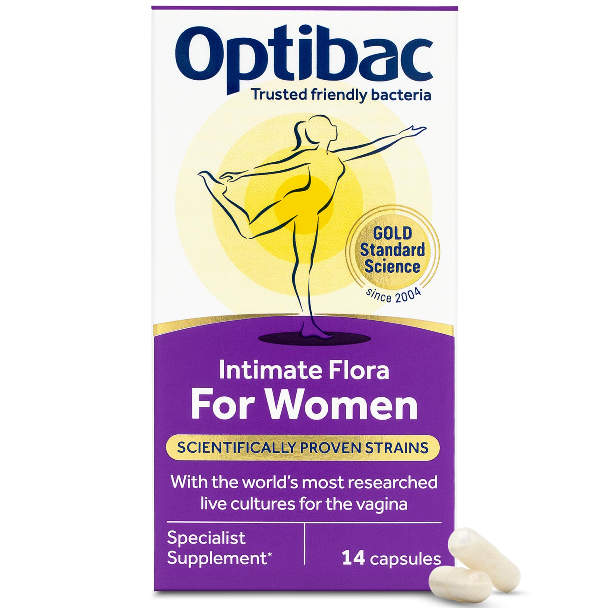 OptiBac For Women capsule close-up highlighting 2.3 billion live cultures per dose.