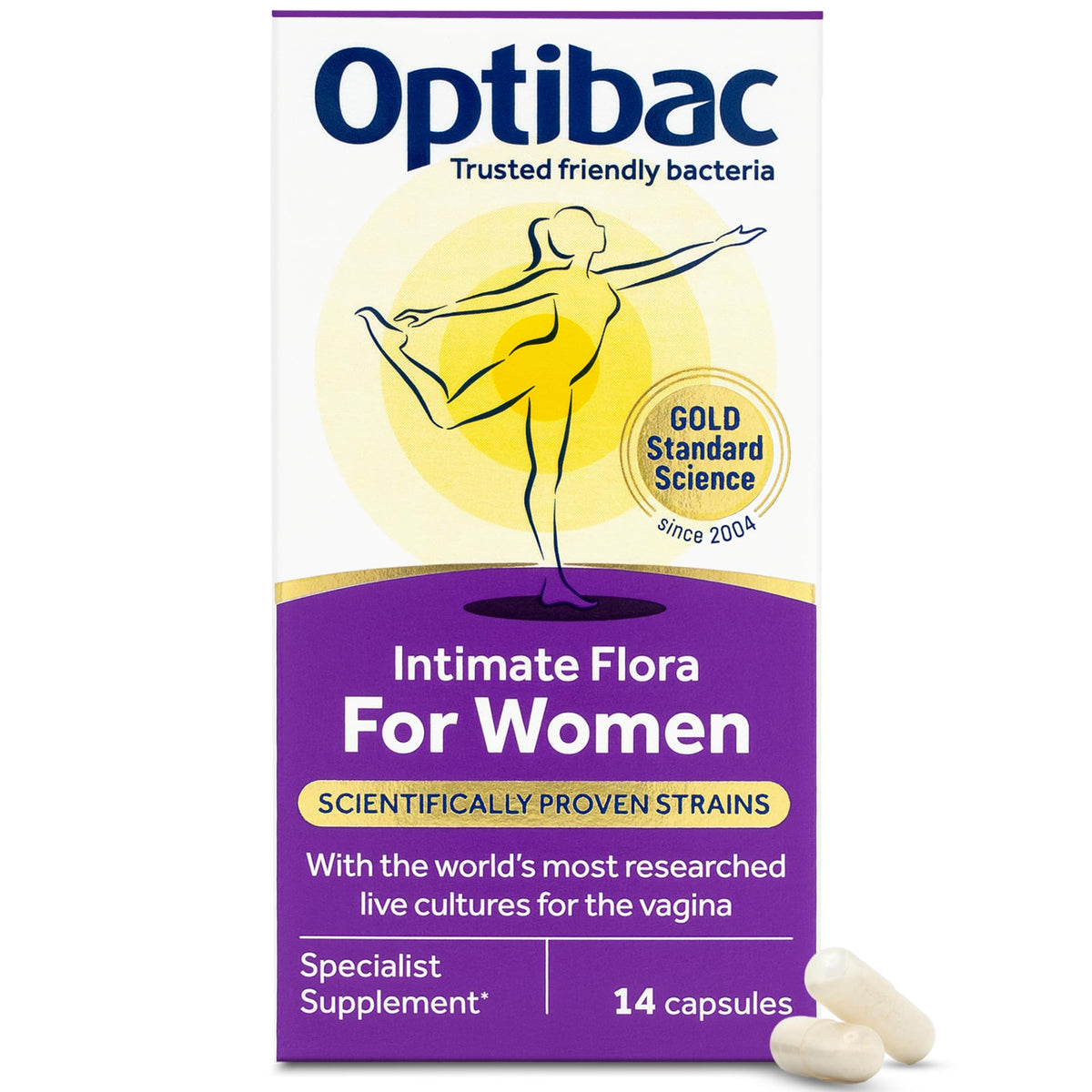OptiBac For Women capsule close-up highlighting 2.3 billion live cultures per dose.