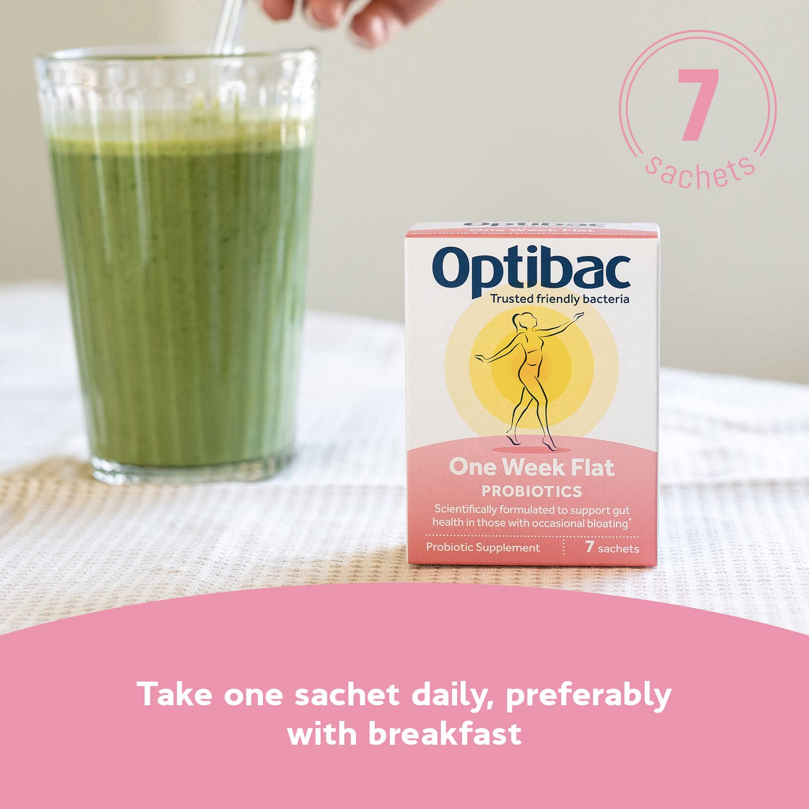 Morning routine with Optibac sachet beside glass before consumption.