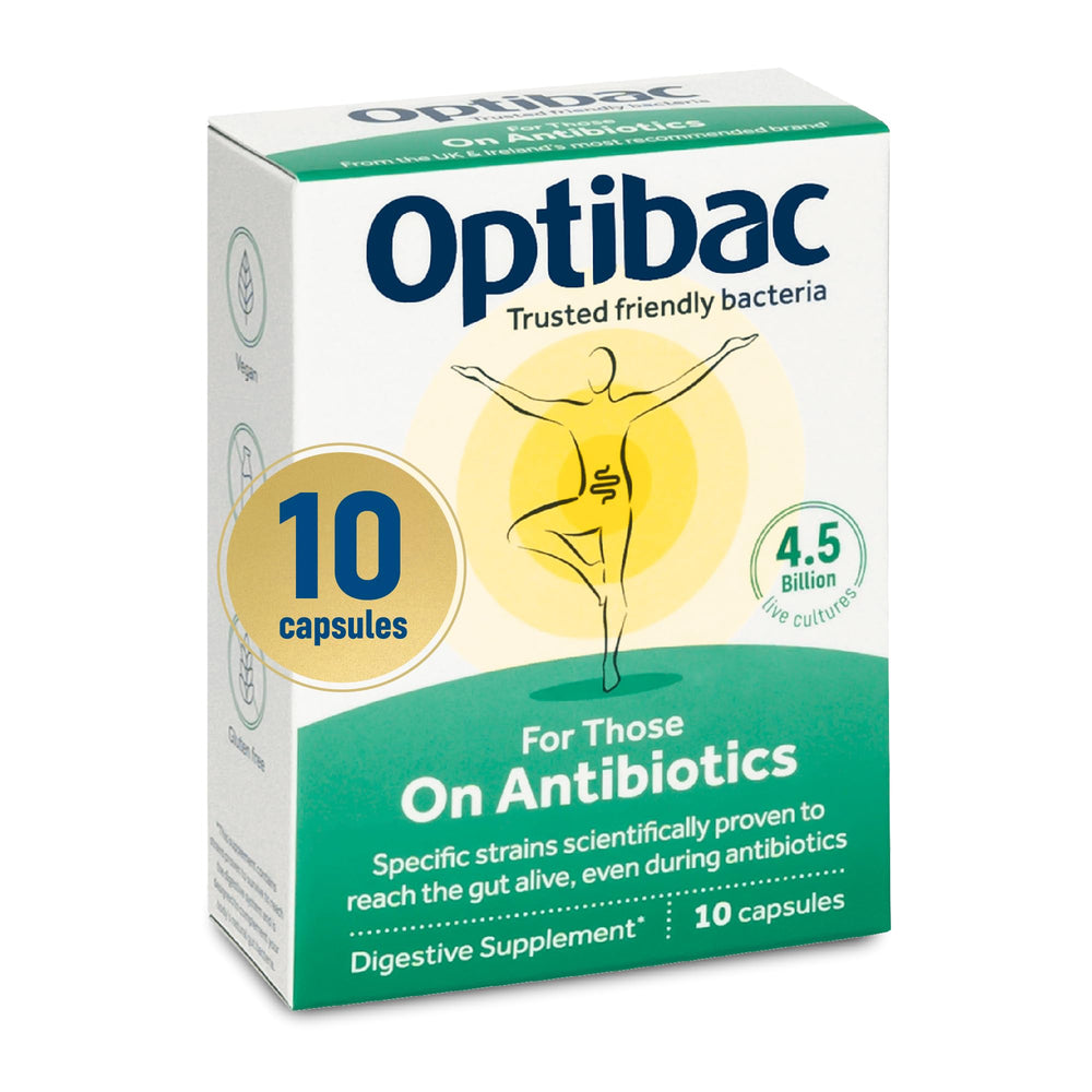 Optibac Probiotics antibiotic aid bottle helps support digestive balance during antibiotic use