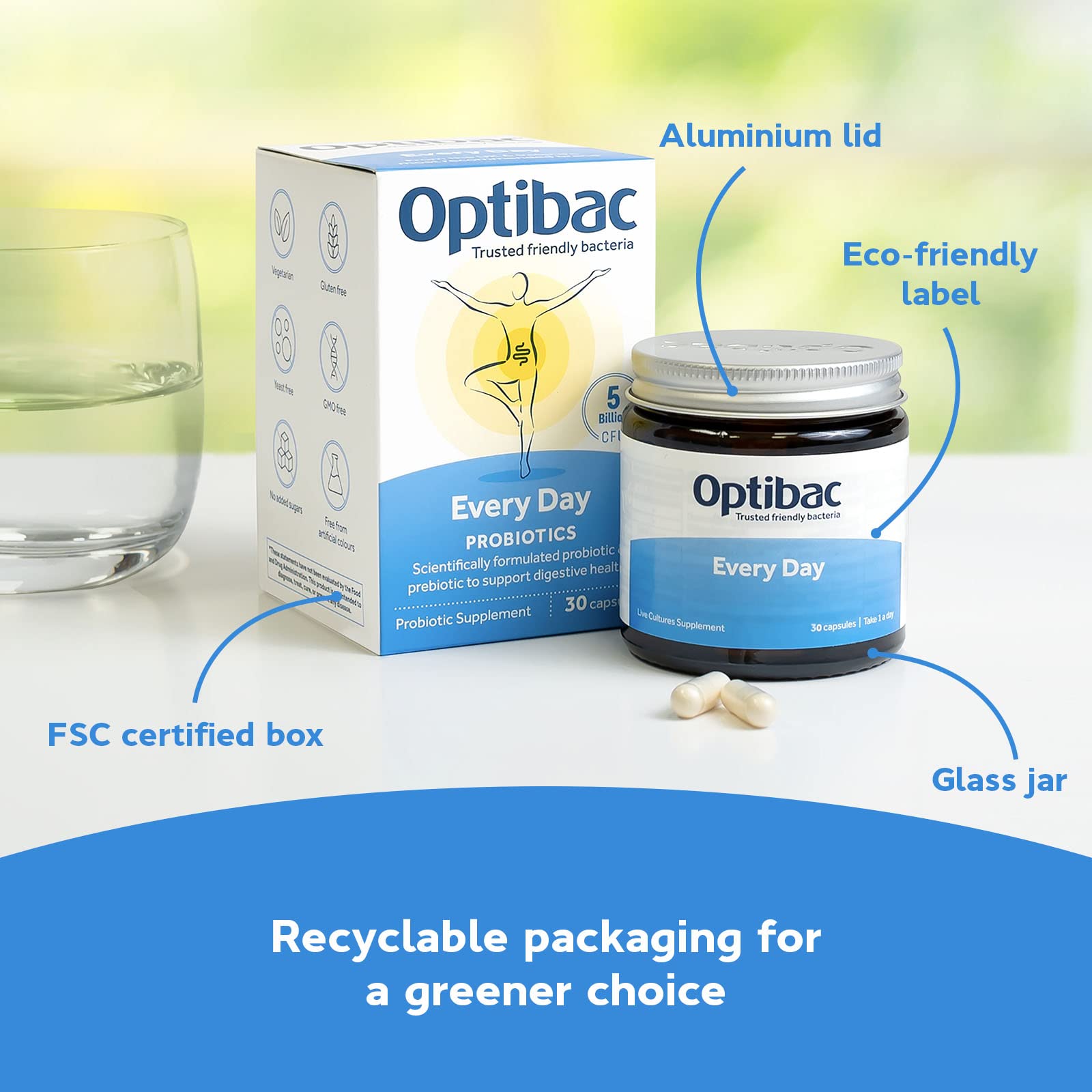 Optibac Probiotics Every Day capsules beside a glass of water for easy daily use.
