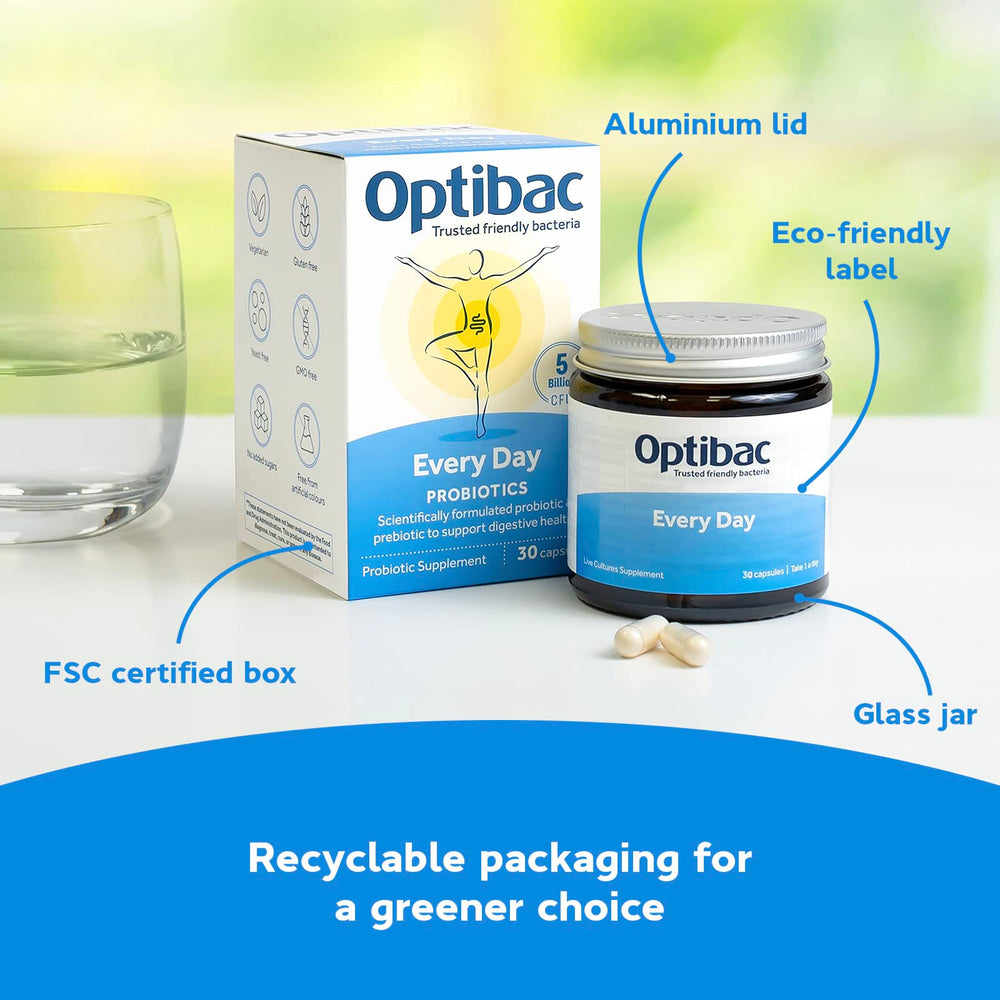 Optibac Probiotics Every Day capsules beside a glass of water for easy daily use.