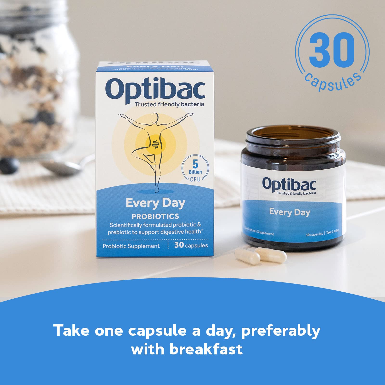 Optibac Probiotics Every Day on a kitchen counter suggesting routine use.