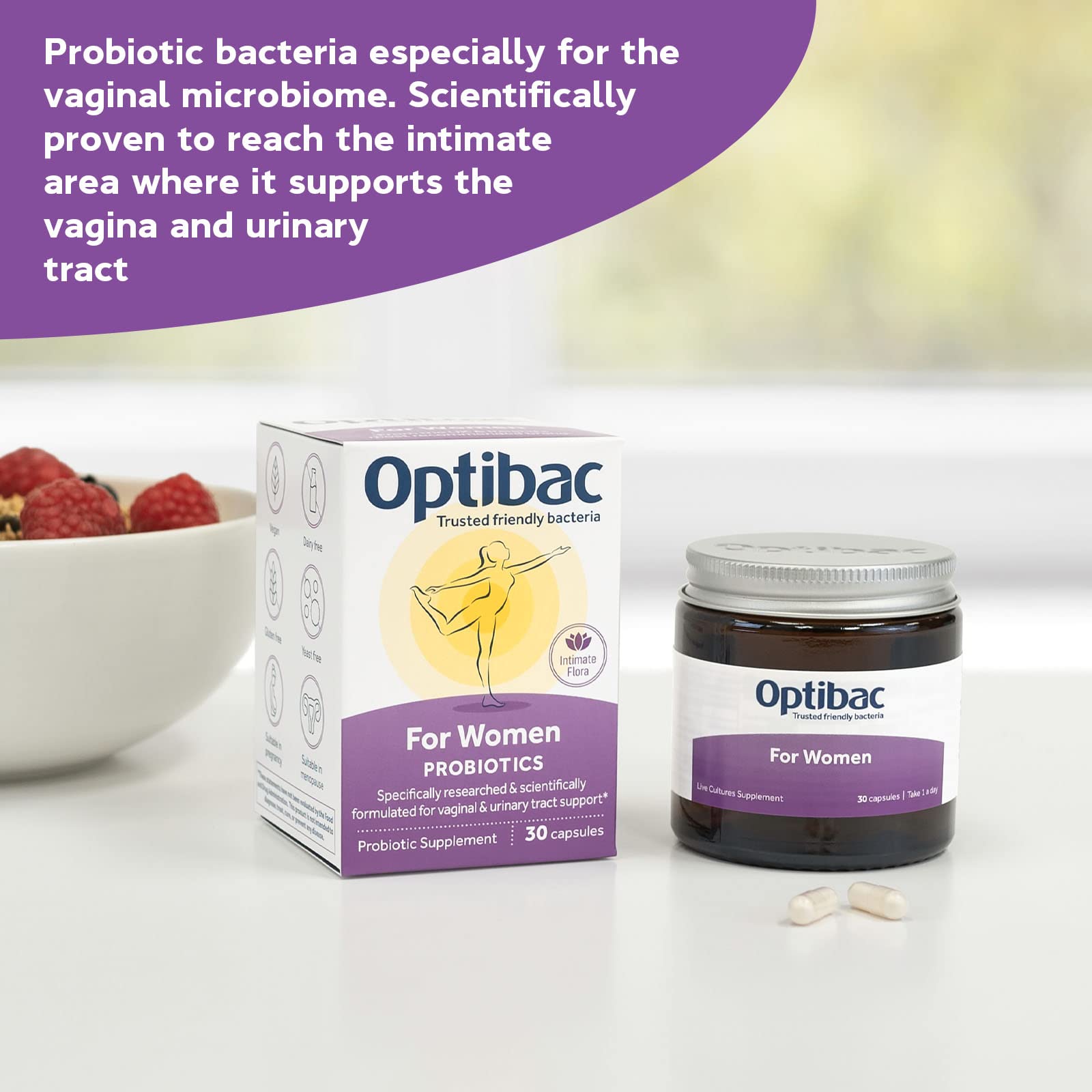 Optibac Probiotics for Women capsules close-up, dairy-free daily supplement