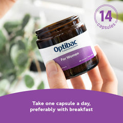 Optibac Probiotics for Women packaging flatlay, two week supply ready