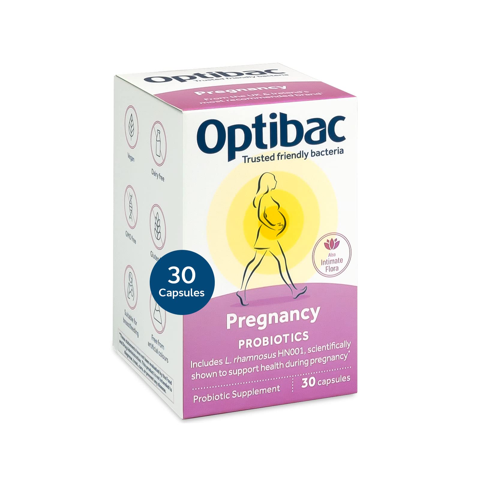 Optibac Probiotics Pregnancy bottle showing vegan probiotic capsules for expectant and breastfeeding wellness.