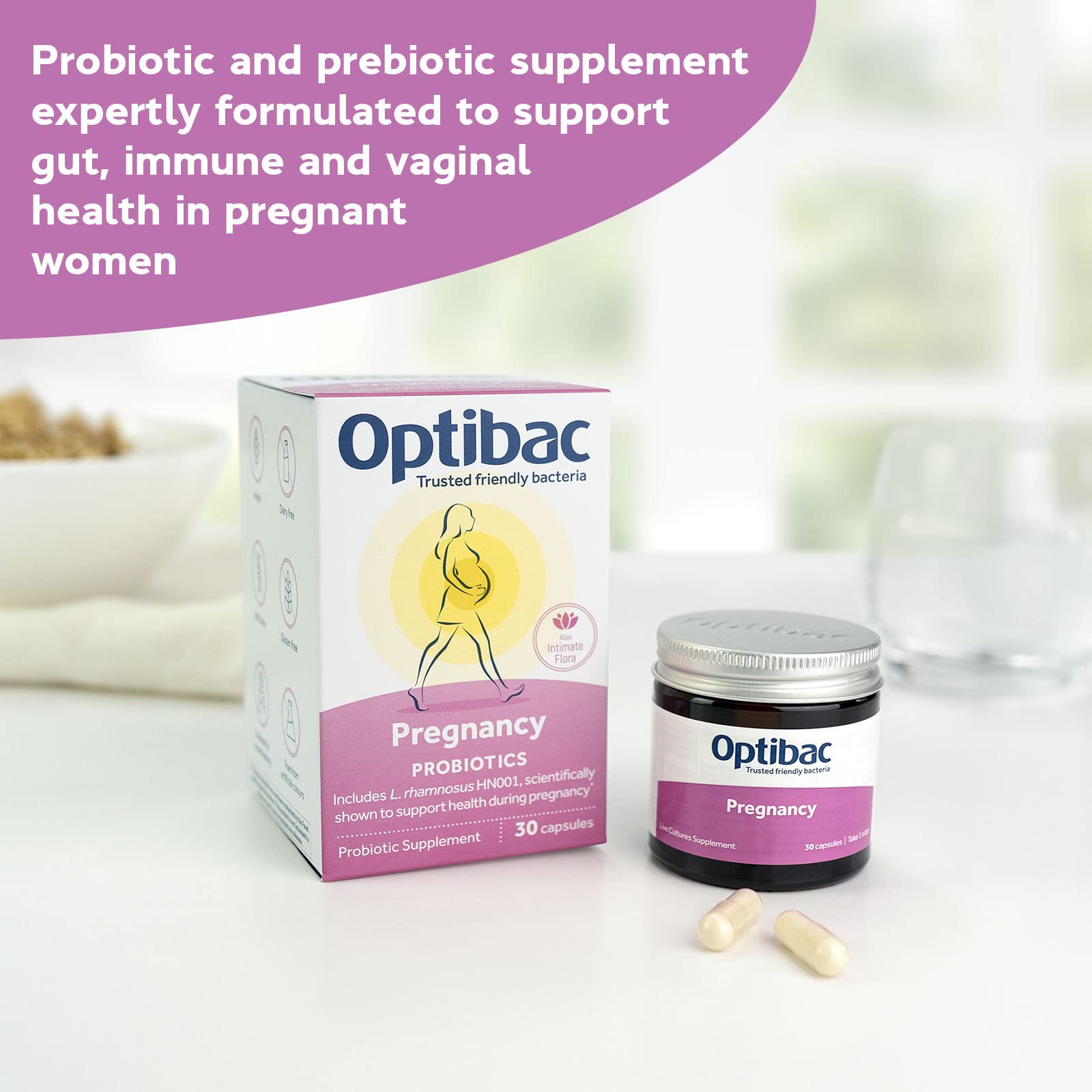 Optibac Probiotics Pregnancy capsules ready to swallow, designed for gut balance during pregnancy.