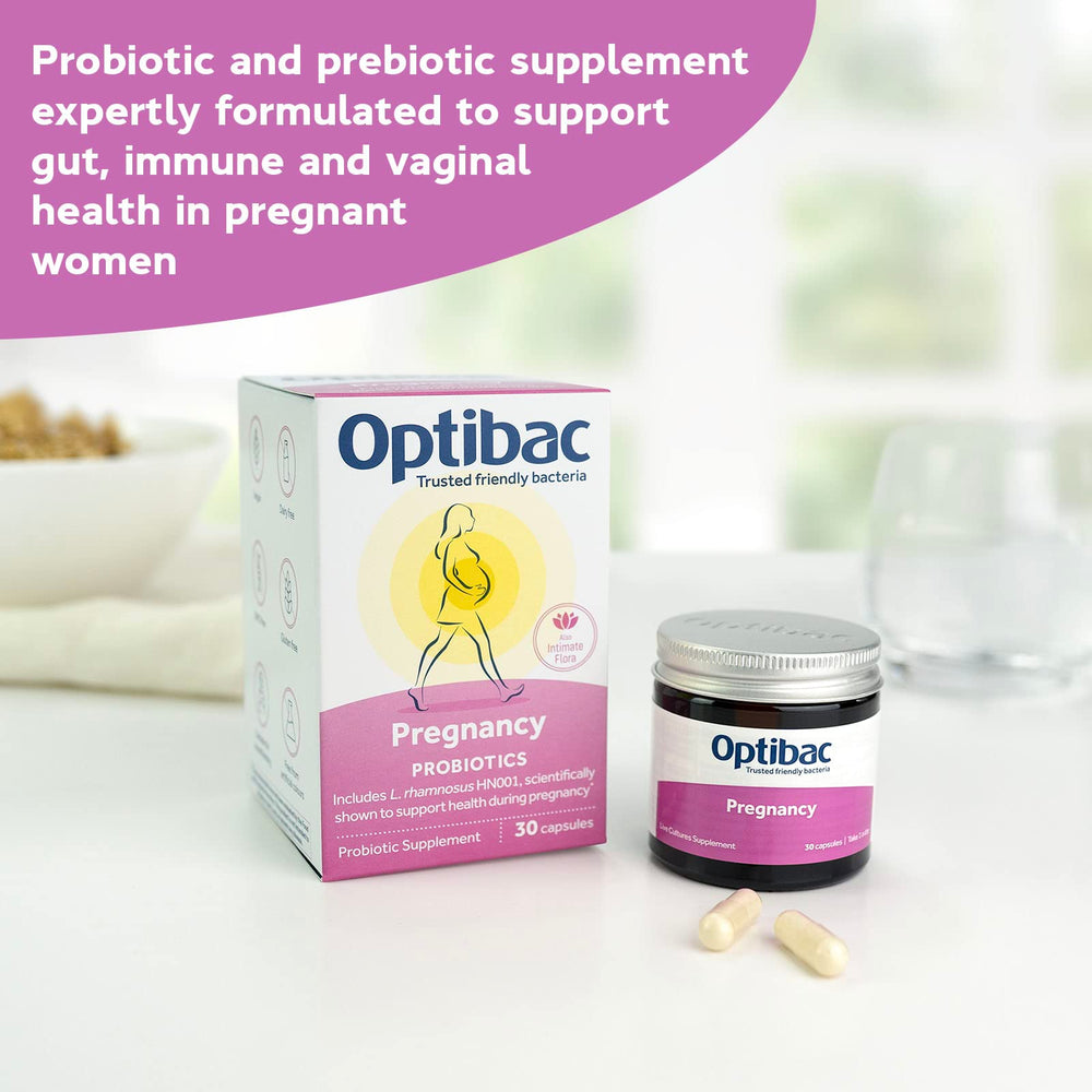 Optibac Probiotics Pregnancy capsules ready to swallow, designed for gut balance during pregnancy.