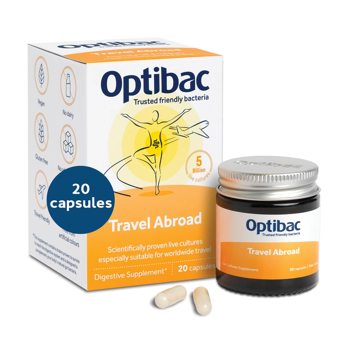 Optibac Probiotics Travelling Abroad bottle with 20 vegetarian capsules for travel use