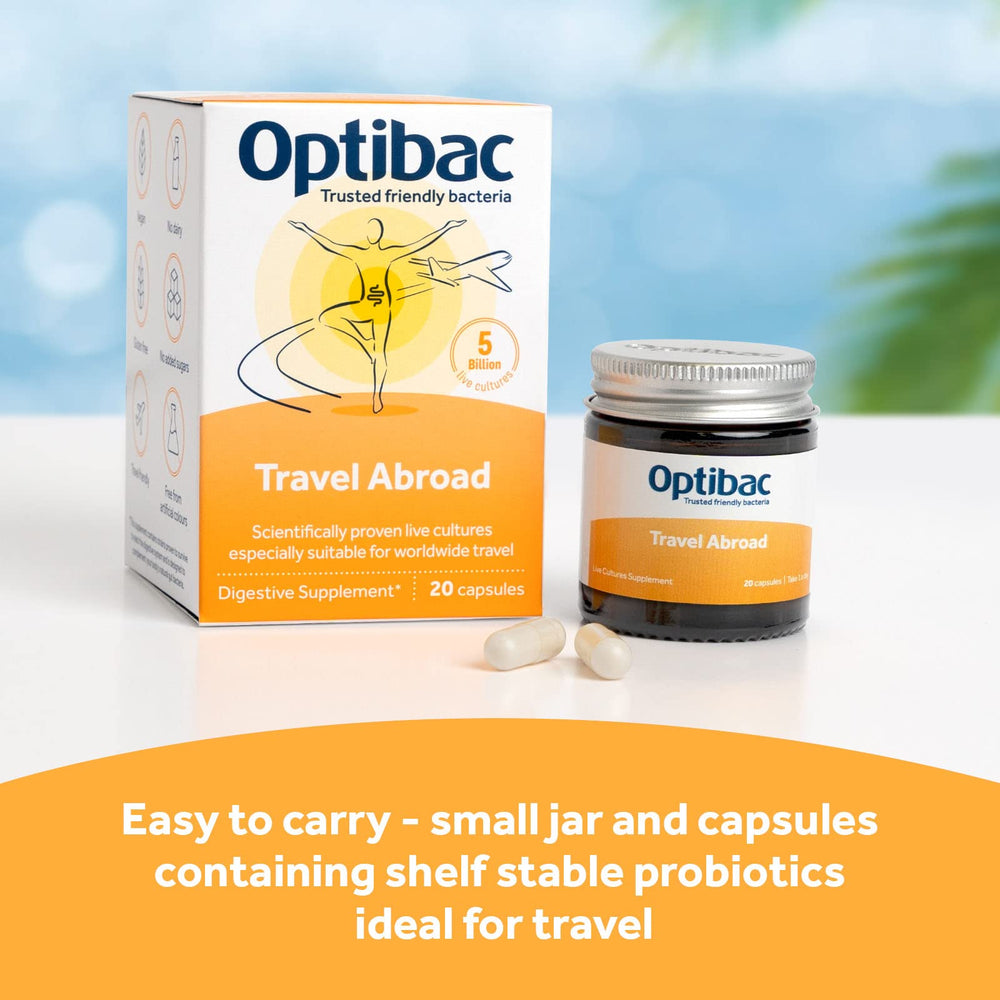 Optibac Probiotics Travelling Abroad packaging mockup demonstrates vegetarian capsule format