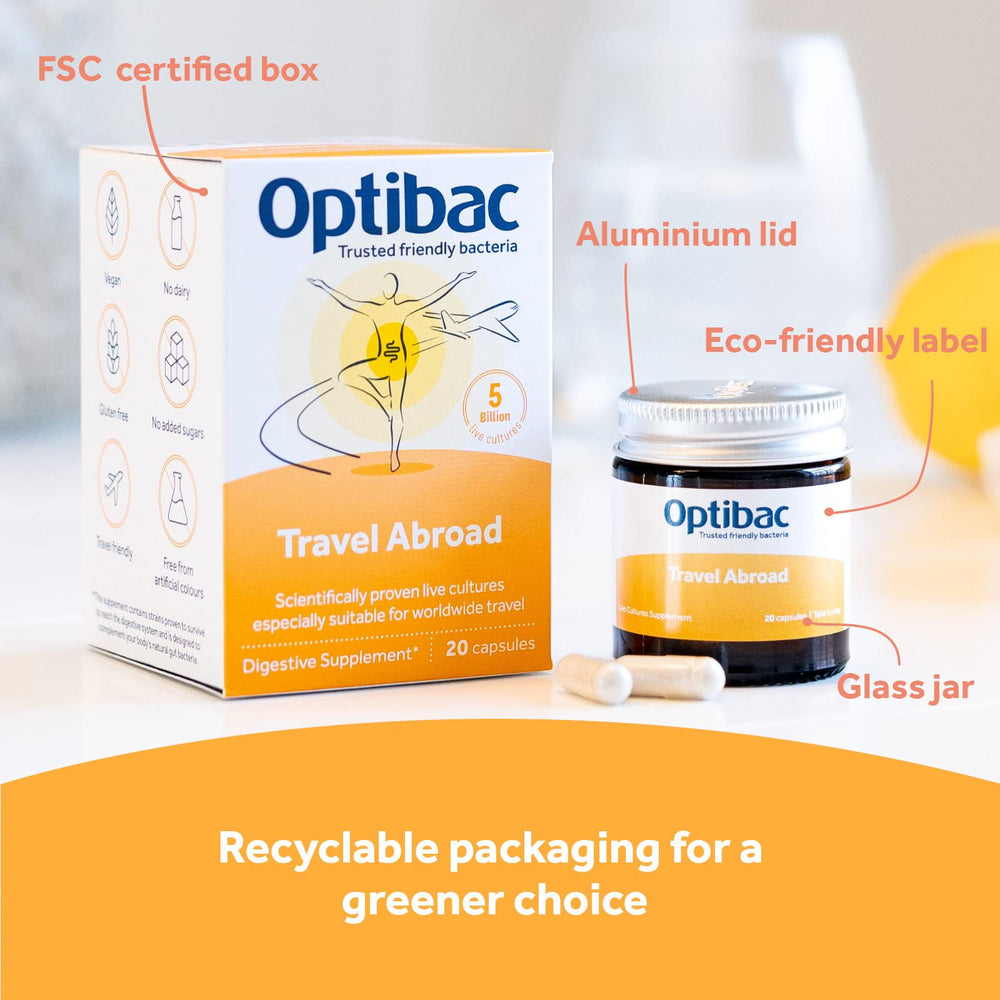 Optibac Probiotics Travelling Abroad capsule highlighting vegetarian formula for travel