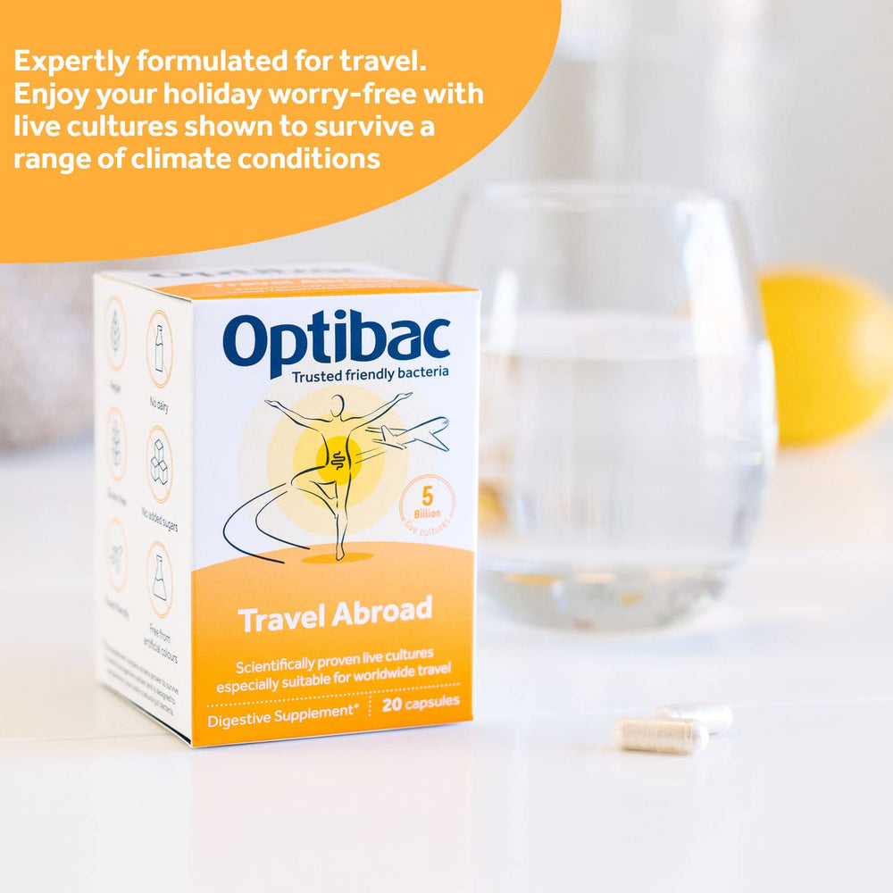 Optibac Probiotics Travelling Abroad capsules highlighting vegetarian travel support