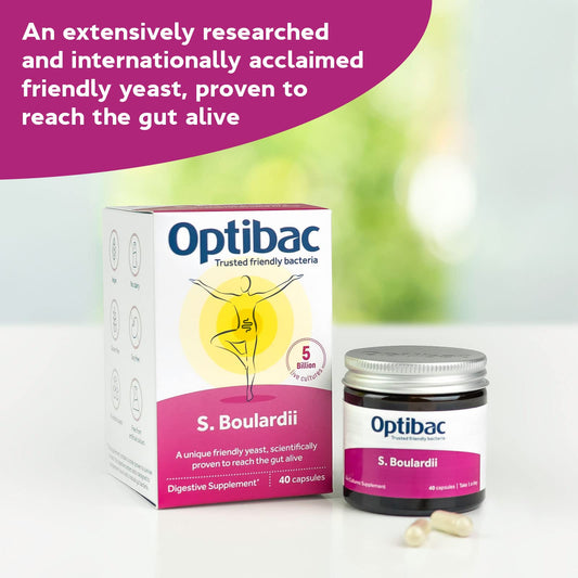 OptiBac Saccharomyces boulardii bottle pack shown for convenient daily use.