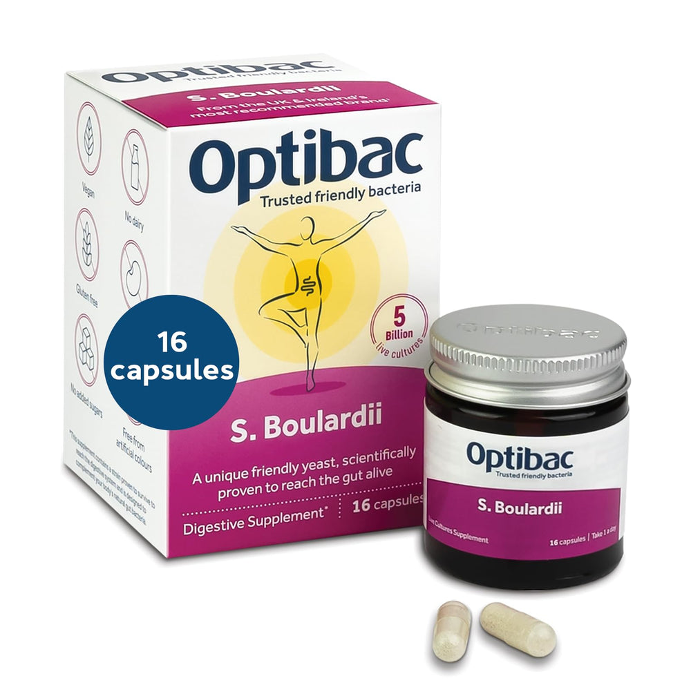 OptiBac Saccharomyces boulardii capsules closeup highlighting daily digestive support.