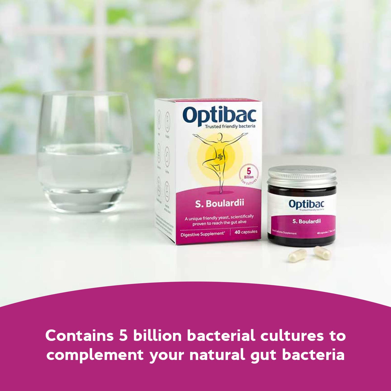 Optibac Saccharomyces boulardii label highlights vegan and allergen-free features.