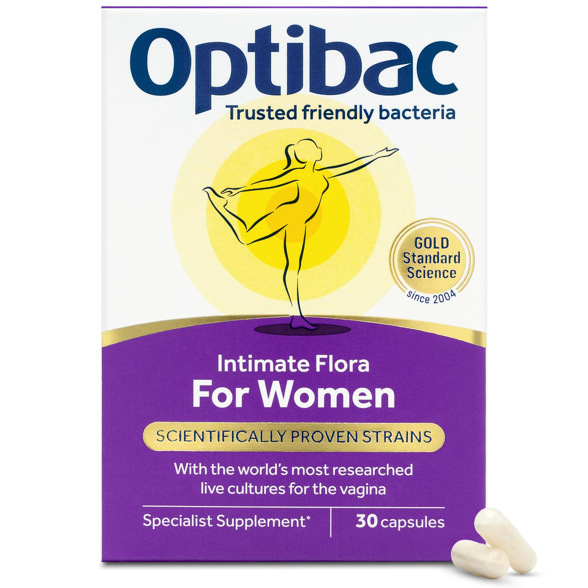 OptiBac Probiotics for Women bottle close-up illustrating daily intimate health support.
