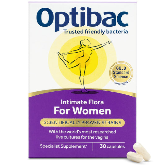 OptiBac Probiotics for Women bottle close-up illustrating daily intimate health support.