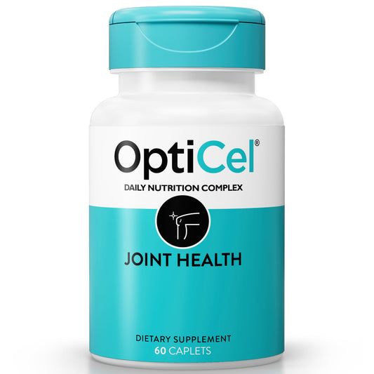 OptiCel Joint Health bottle front showing a natural plant-based supplement for mobility support