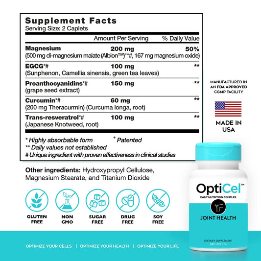 OptiCel Joint Health capsules close-up highlighting easy-to-swallow daily joint support
