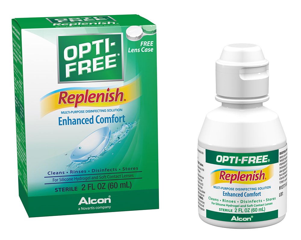 OPTI-FREE Replenish bottle front view, compact 2 oz bottle for travel-ready cleaning