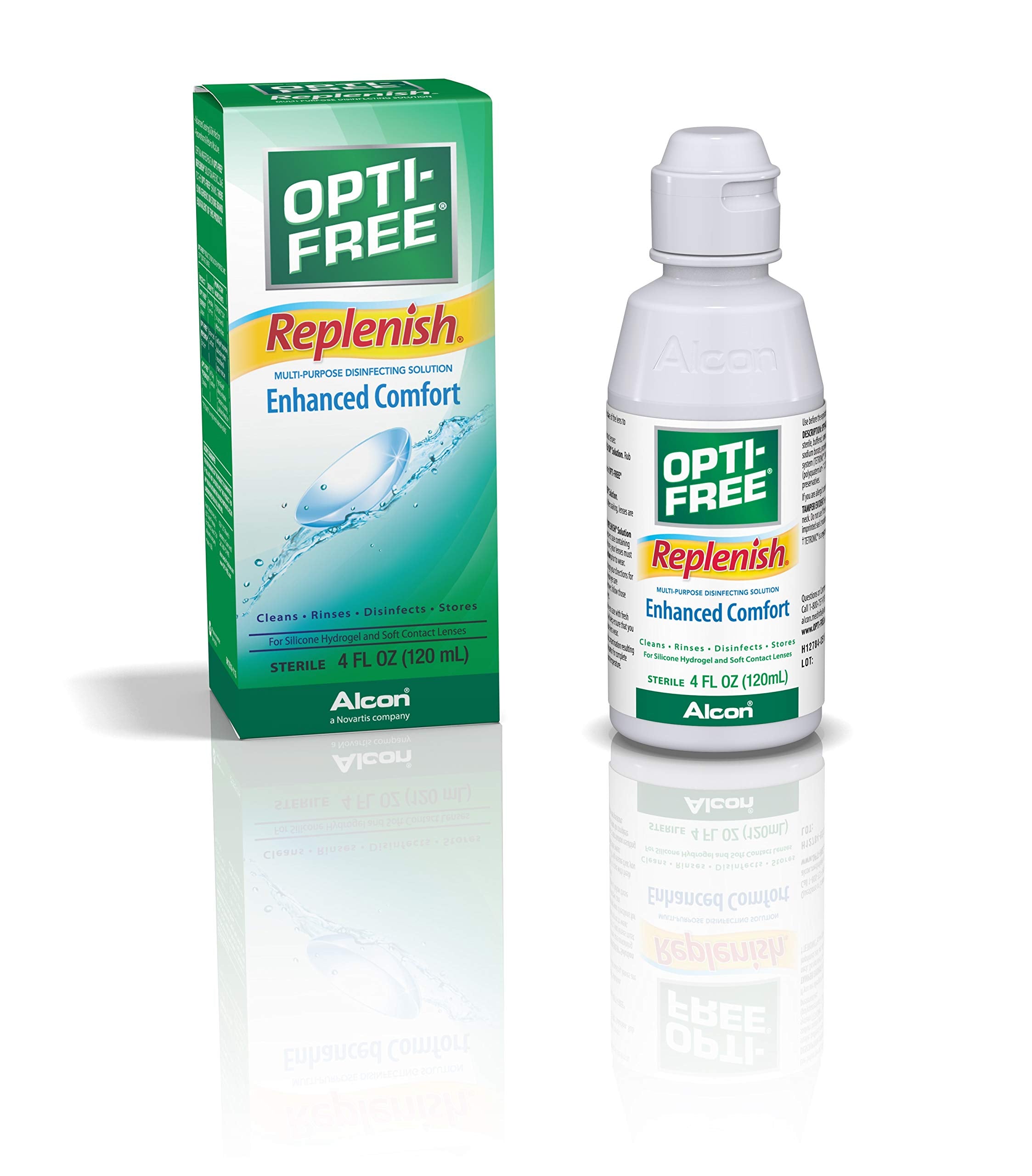 Opti-Free Replenish bottle label close-up for quick product recognition.