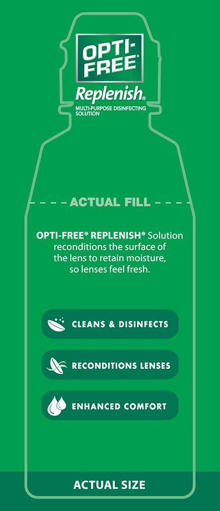 Opti-Free Replenish solution overview label highlights disinfection and moisture.