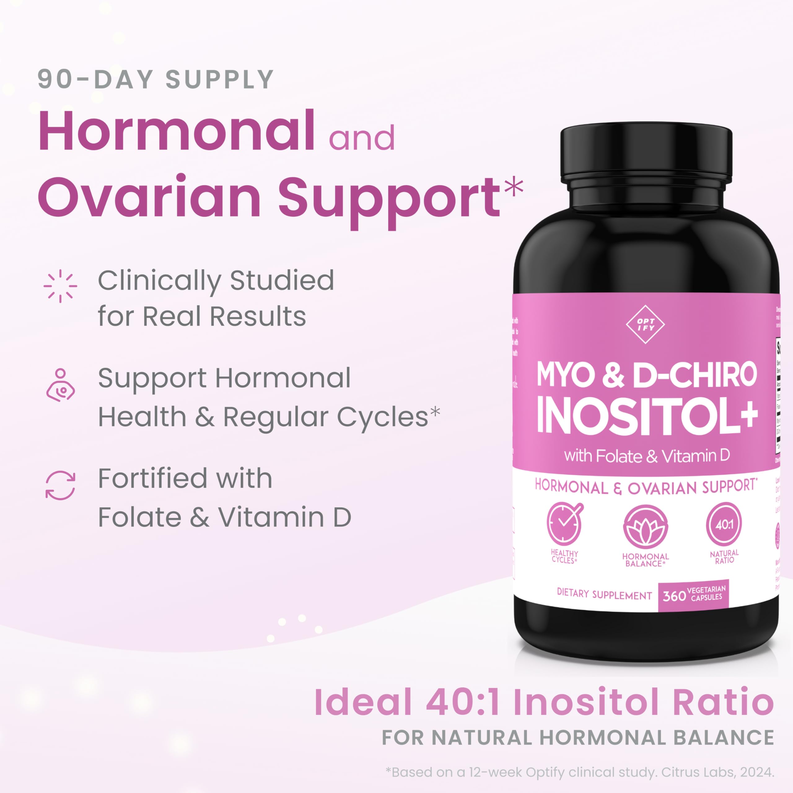 Optify Inositol ingredients label shows the 40:1 blend with folate and vitamin D.